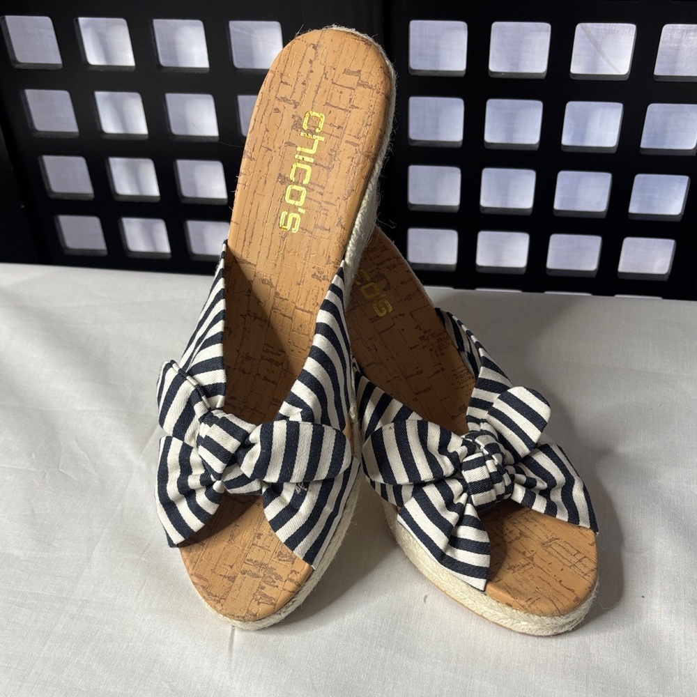 Chico's Navy & White Striped Bow Espadrille Slide Wedges